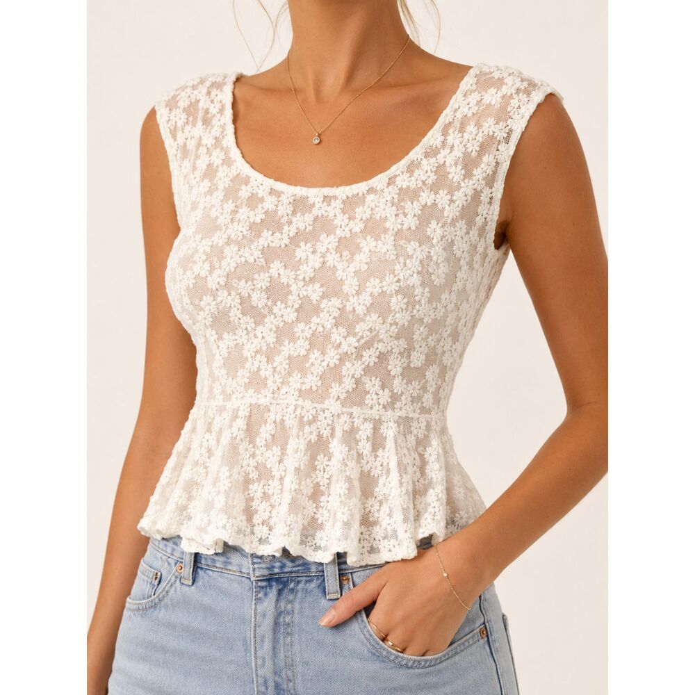 American Eagle White Floral Lace Peplum Top XS Sheer Daisy Mesh
